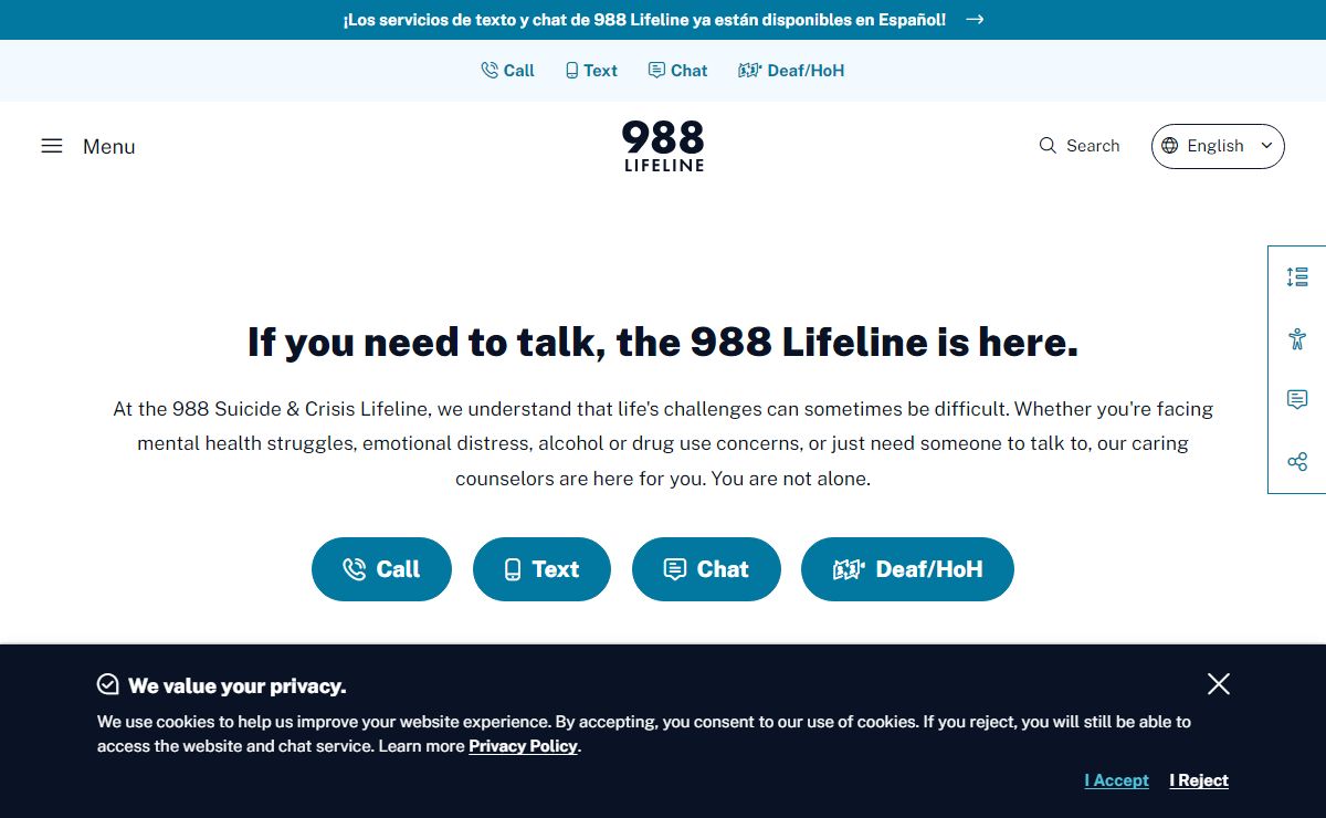 988 Lifeline - If you need emotional support, reach out to the national mental health hotline: 988.