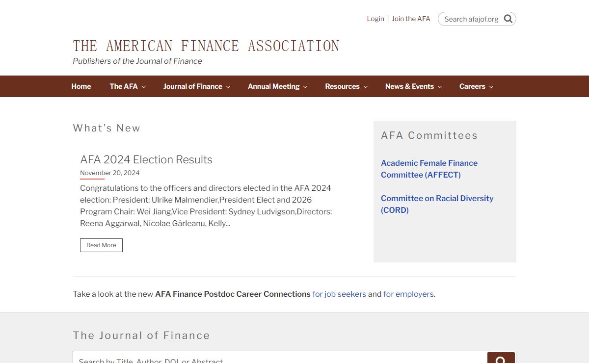 The American Finance Association, publishers of the Journal of Finance