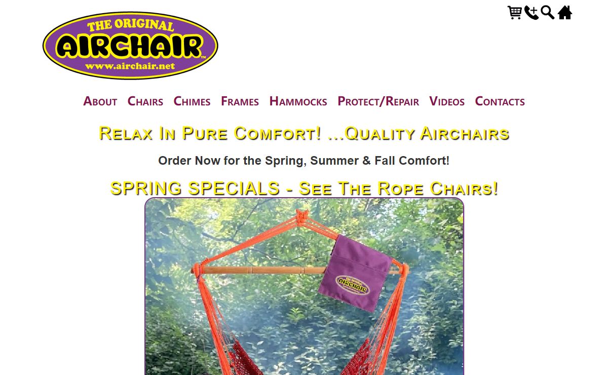 The Original AirChair, Hang Chair with comfort (hammock chairs / zero gravity chairs) Take it anywhere. All hardware provided. Sharp Colors, #1 Selling in the world! Culture Shock/Airchair, 8877 Akins Road Cohocton NY 14826 | 607-566-3885 | AirChair.net
