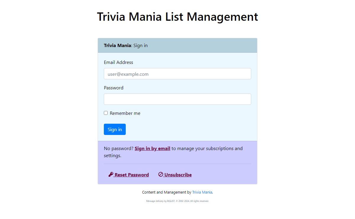 Trivia Mania - Login - - Mailing List Manager