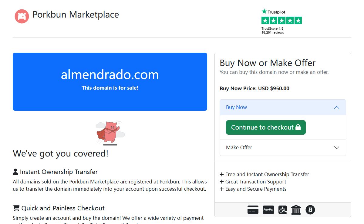 Porkbun Marketplace: The domain almendrado.com is for sale.