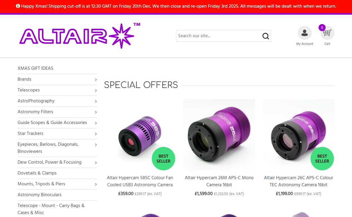 Altair Astro the place to buy your Astronomy cameras, telescopes and Astro photography equipment