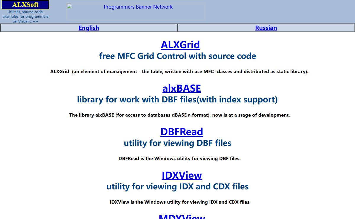 ALXGrid - free MFC Grid Control. alxBASE - library for work with DBF files. DBFRead - for view DBF files. IDXView - for view index files IDX & CDX.