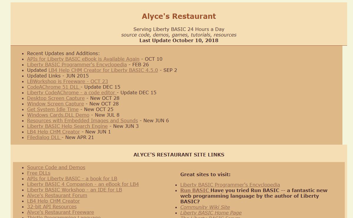 Alyce's Restaurant, serving Liberty BASIC 24 Hours a Day