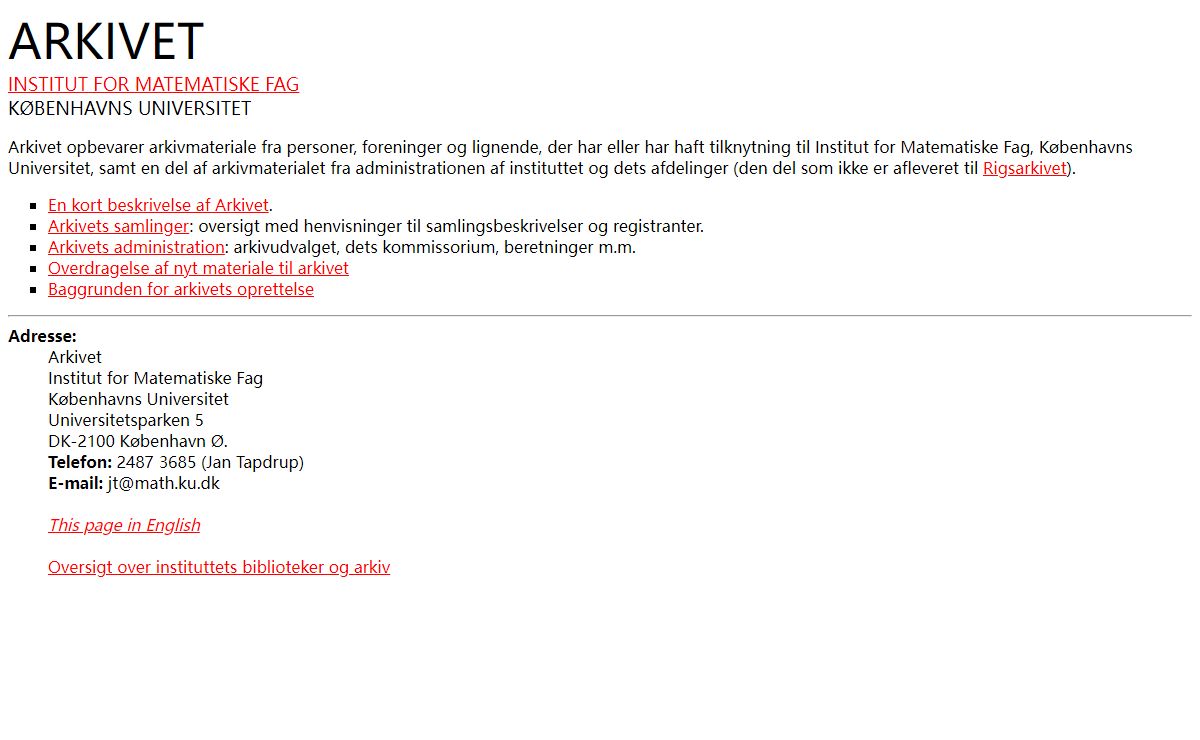 Arkivet, Institut for Matematiske Fag, Københavns Universitet