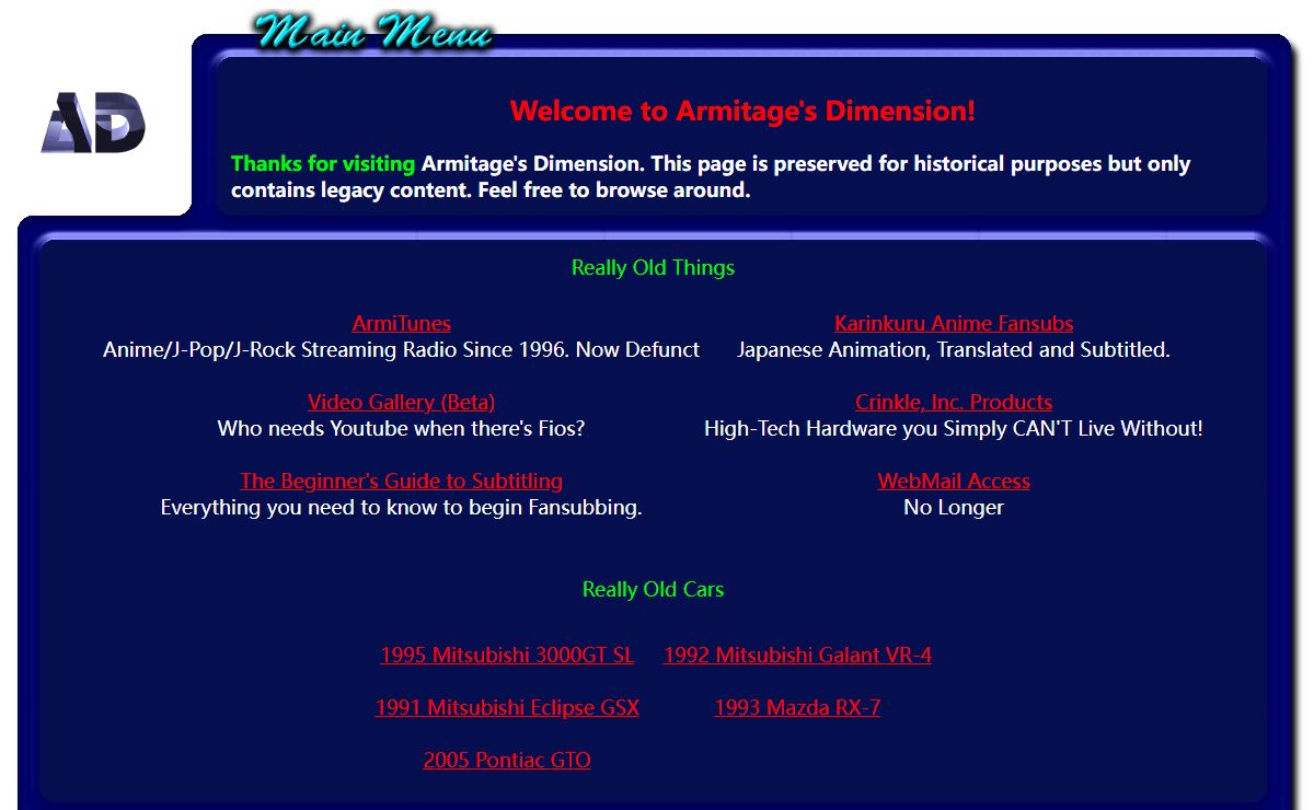 Armitage's Dimension Main Menu