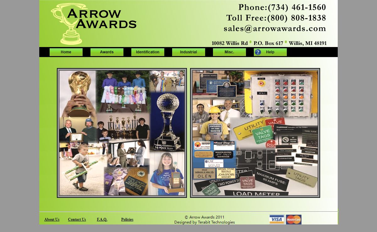 Arrow Awards - Offering a full line of trophies plaques medals ribbons cast bronze plaques awards nameplates name badges personalized gifts promotional products corporate gifts engraved tags.