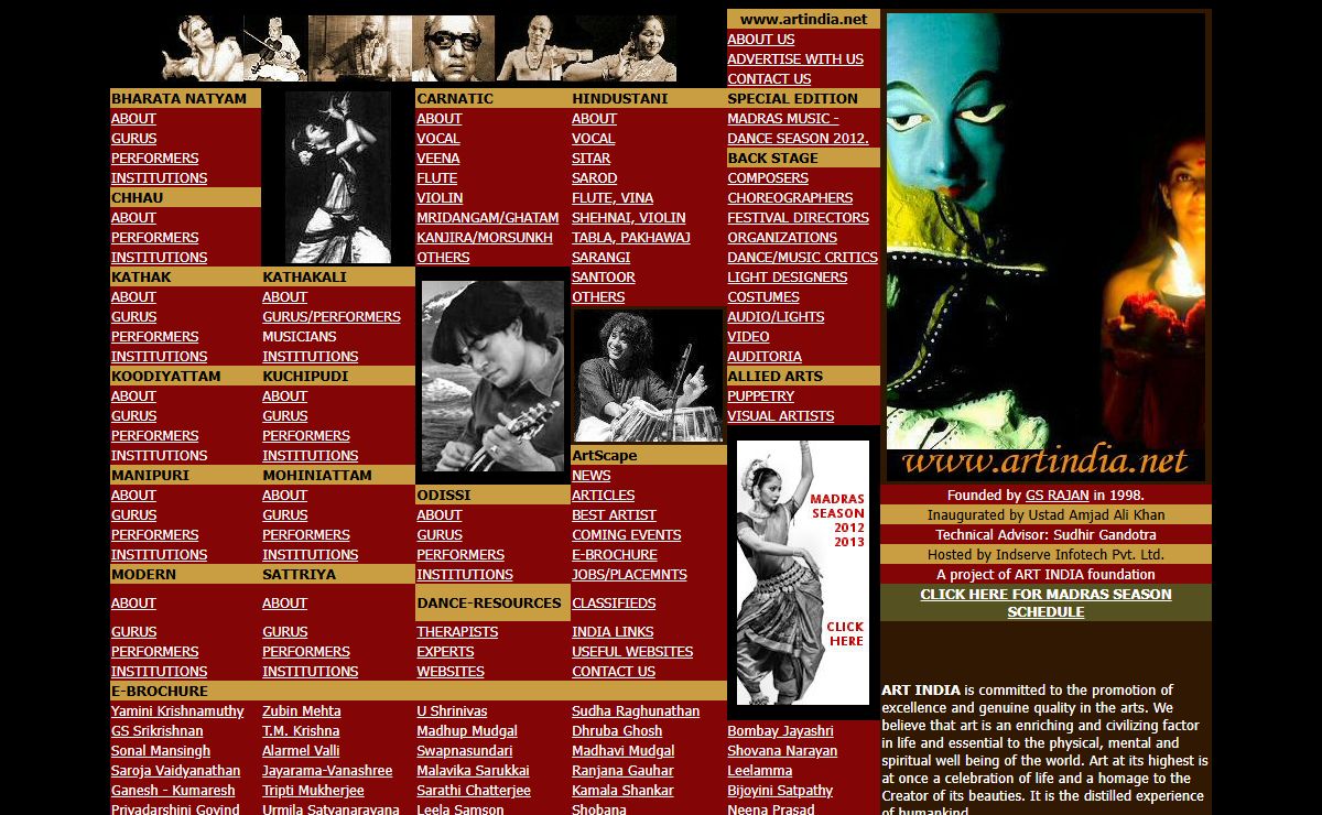 www.artindia.net - Indian classical and allied performing arts. An exclusive site since 1988. Founded by GS RAJAN.