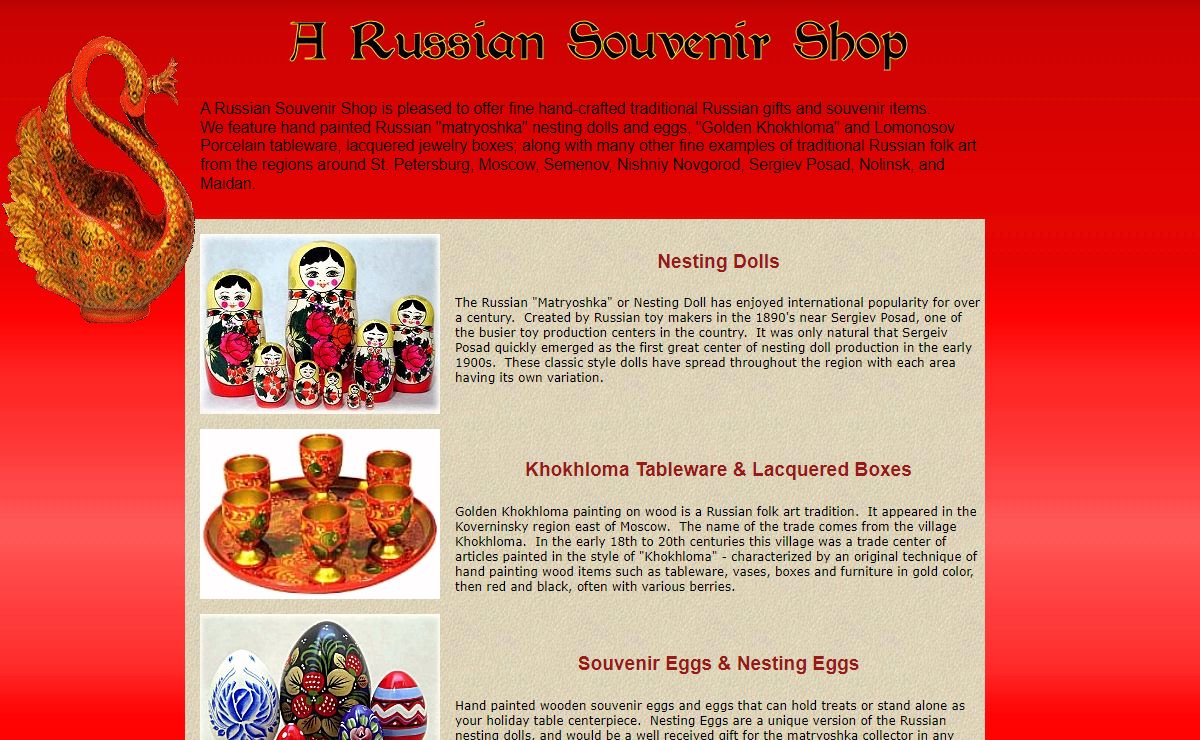 A Russian Souvenir Shop -- Nesting Dolls, Gifts, Lomonosov Porcelain, Eggs and Souvenirs handcrafted in Russia