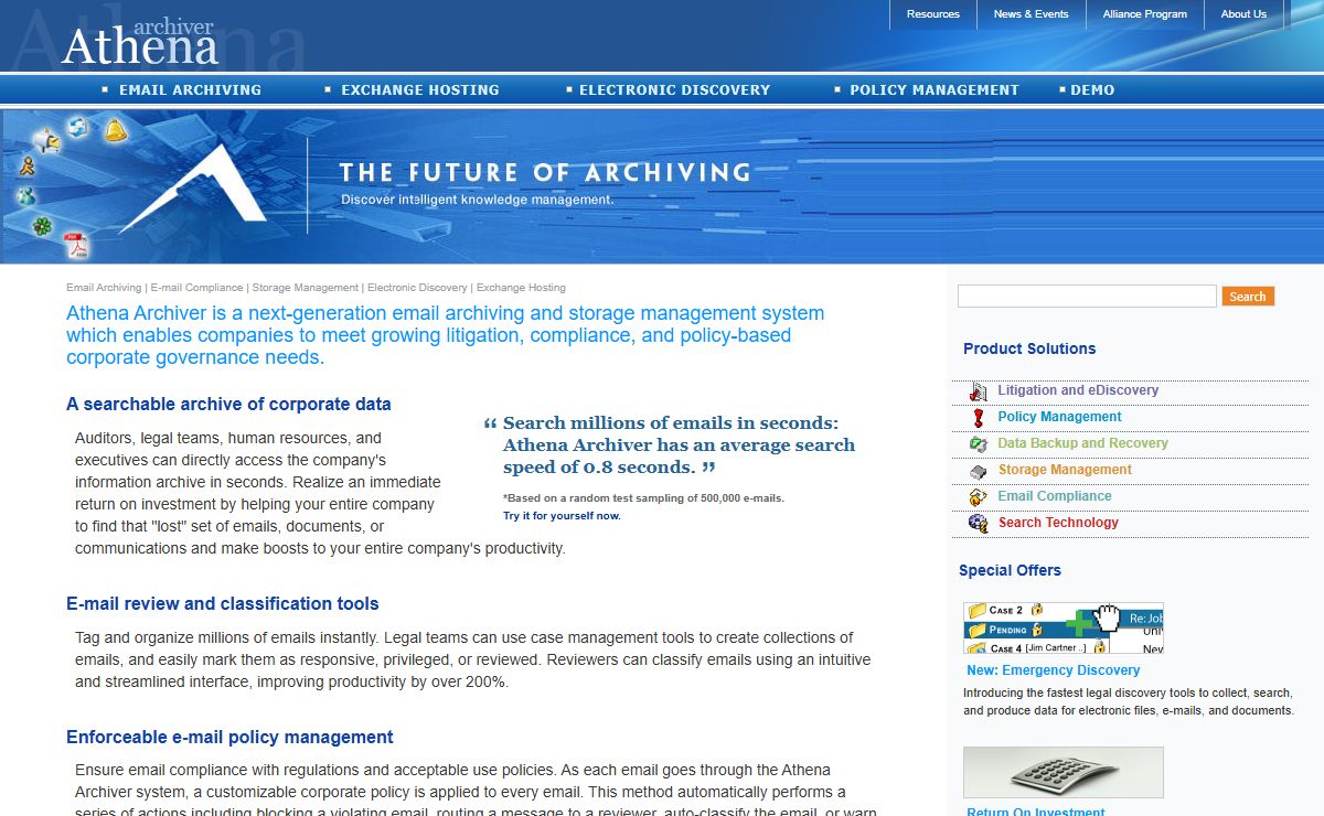 Athena Archiver > Email Archiving & Storage Management: E-Mail Compliance - Electronic Discovery Software & Services