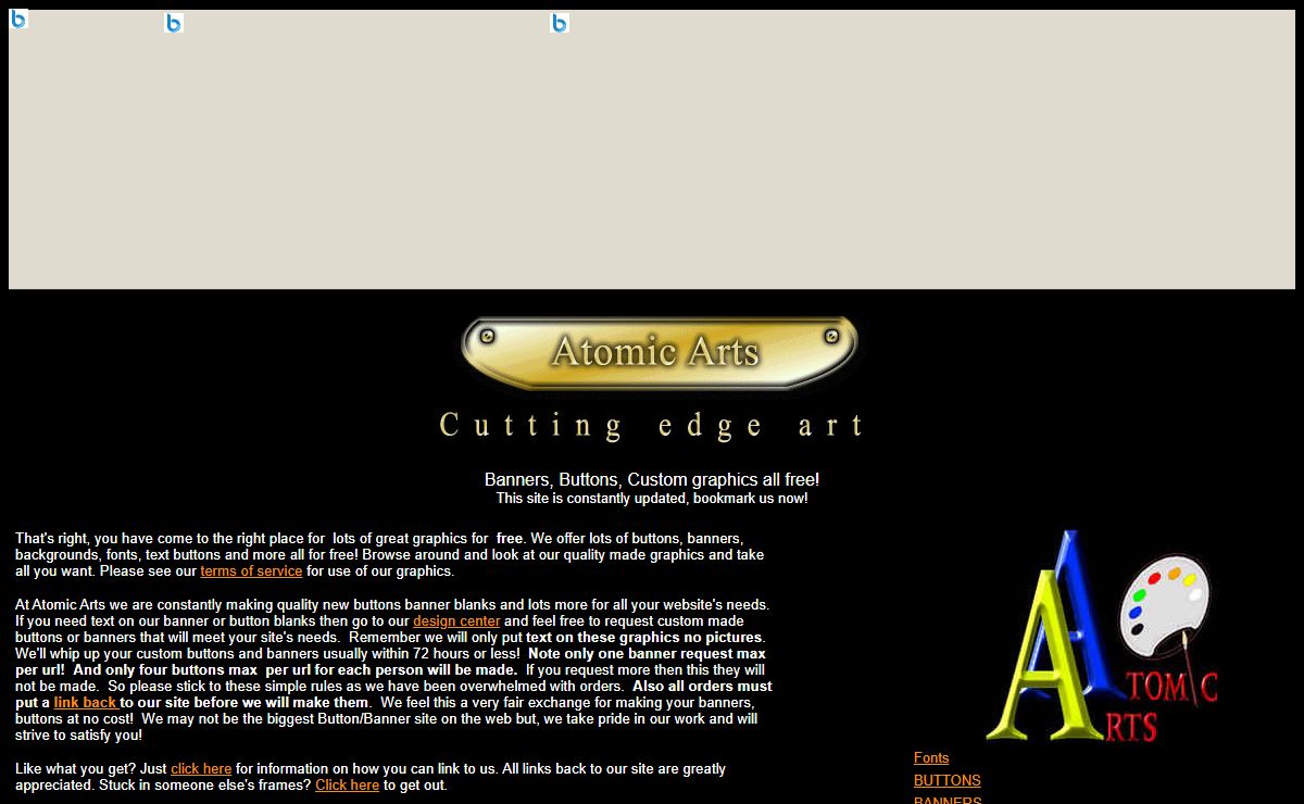 Atomic Arts, - free buttons, web design, free graphics, banners, backgrounds, textures, bullets