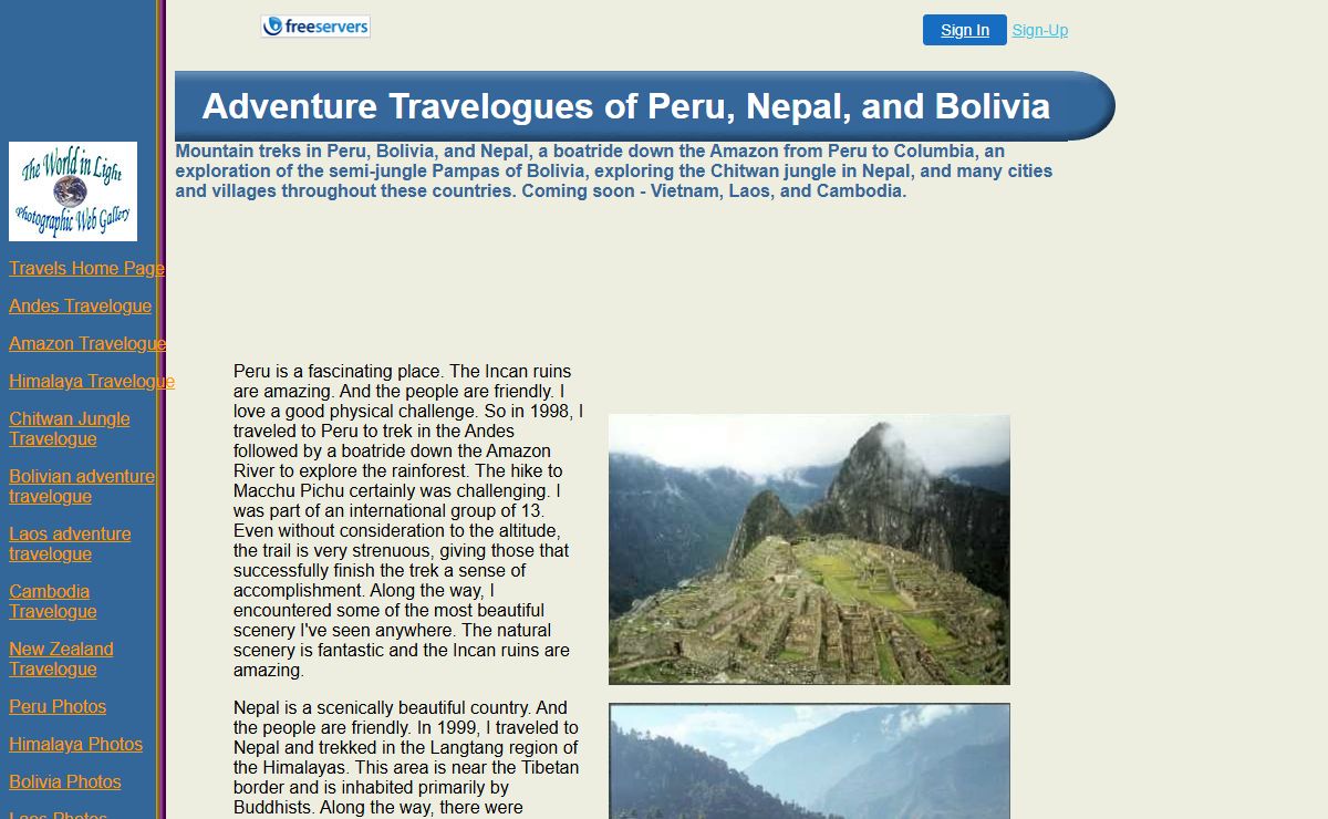 Travelogues, Travel Tales and Photos of Bolivia, Nepal, and Peru