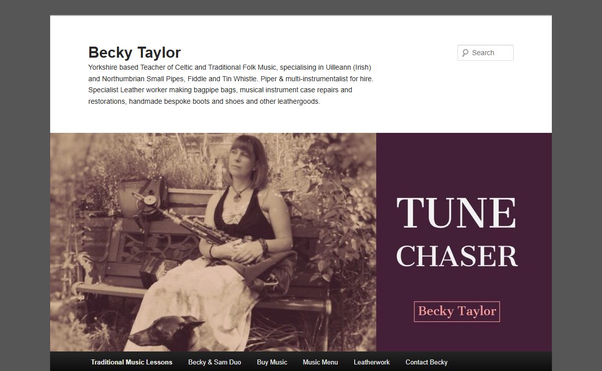 Becky Taylor | Yorkshire based Teacher of Celtic and Traditional Folk Music, specialising in Uilleann (Irish) and Northumbrian Small Pipes, Fiddle and Tin Whistle. Piper & multi-instrumentalist for hire. Specialist Leather worker making bagpipe bags, musical instrument case repairs and restorations, handmade bespoke boots and shoes and other leathergoods.