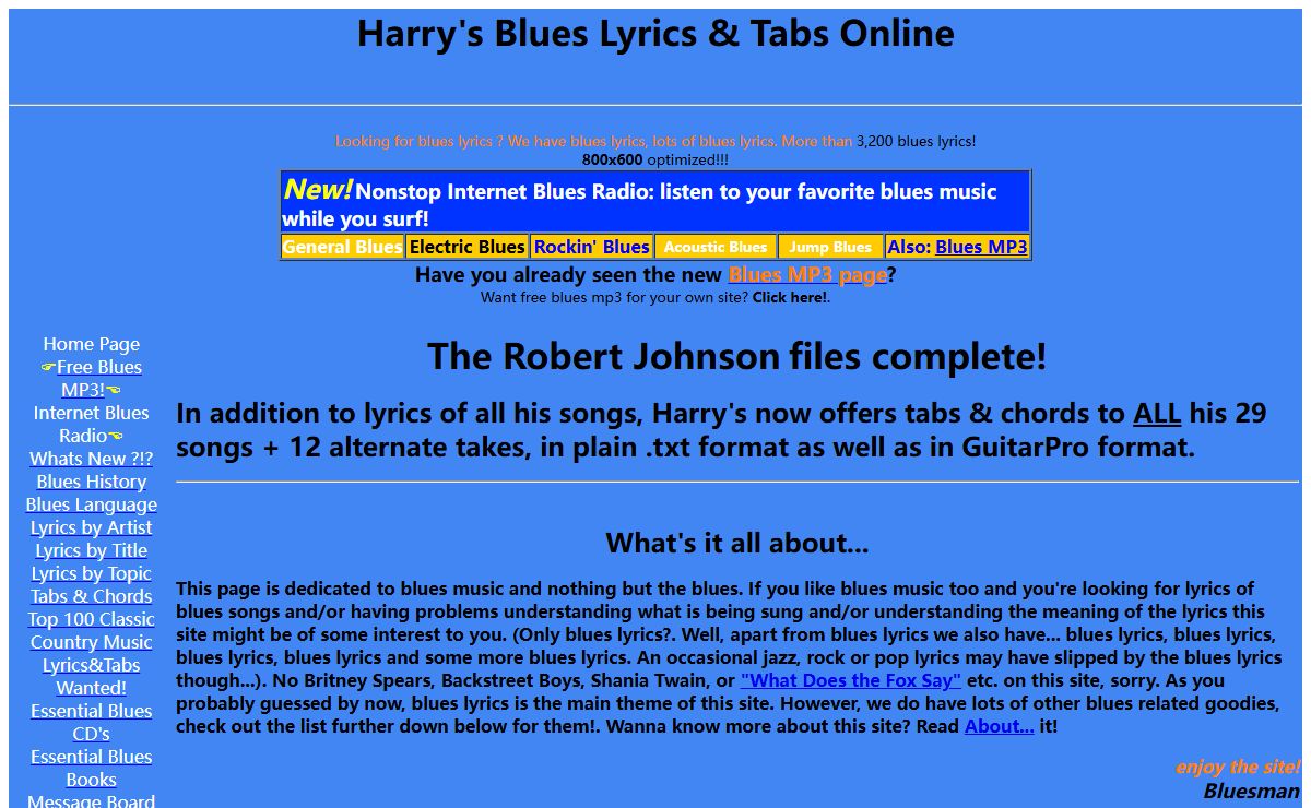 Harry's Blues Lyrics Online, Home Page, US
