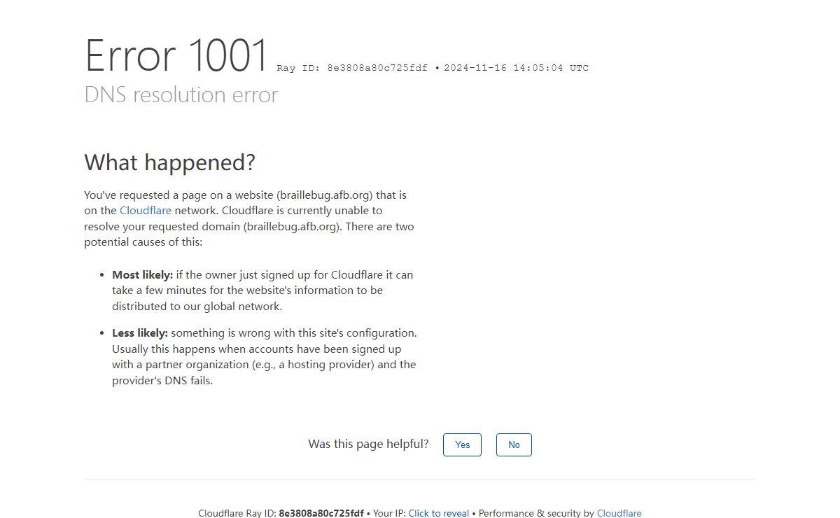 DNS resolution error | braillebug.afb.org | Cloudflare
