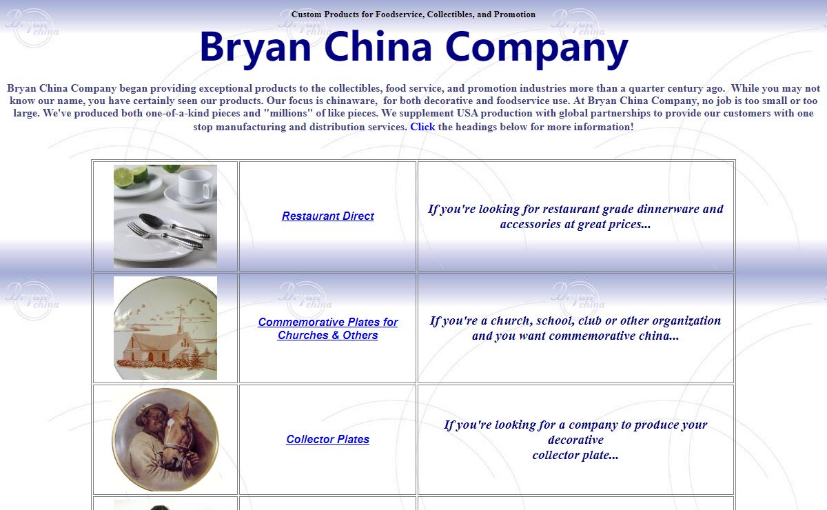 Bryan China Company offers stock and custom dinnerware for restaurants and home use, limited edition collectible plates, and commemorative china for churches, schools and organzations of all types.