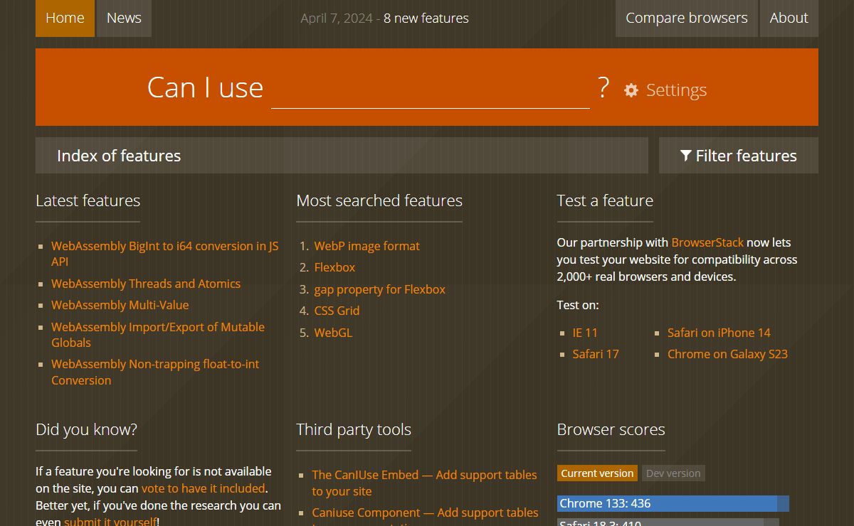 Can I use... Support tables for HTML5, CSS3, etc