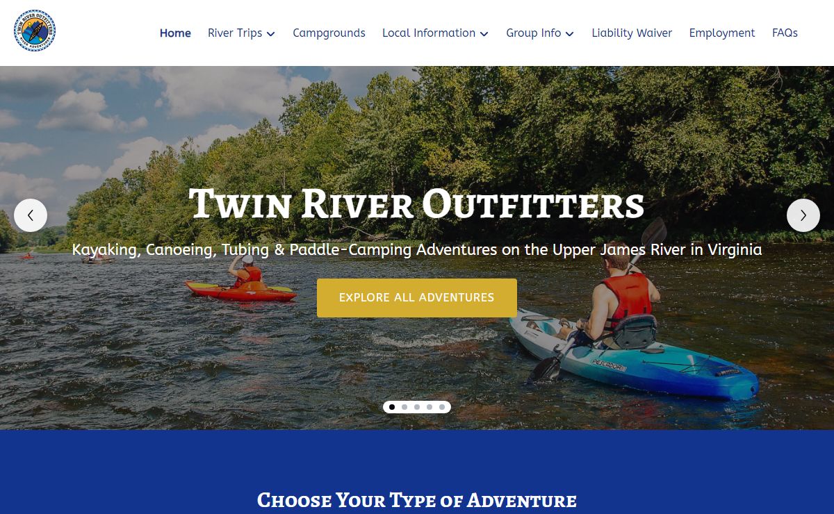 James River kayak, canoe, and tubing trips Twin River Outfitters.