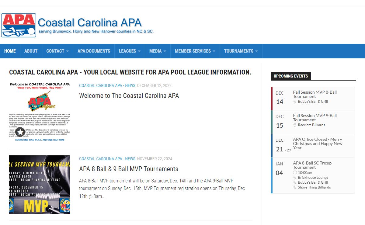 Coastal Carolina APA – Your local website for APA pool league information. – Serving Brunswick, Horry and New Hanover counties in NC/SC.