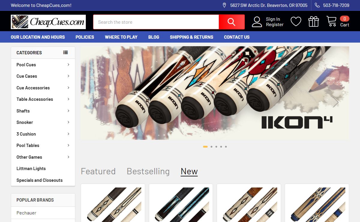 Pool cues, pool tables and other billiard supplies