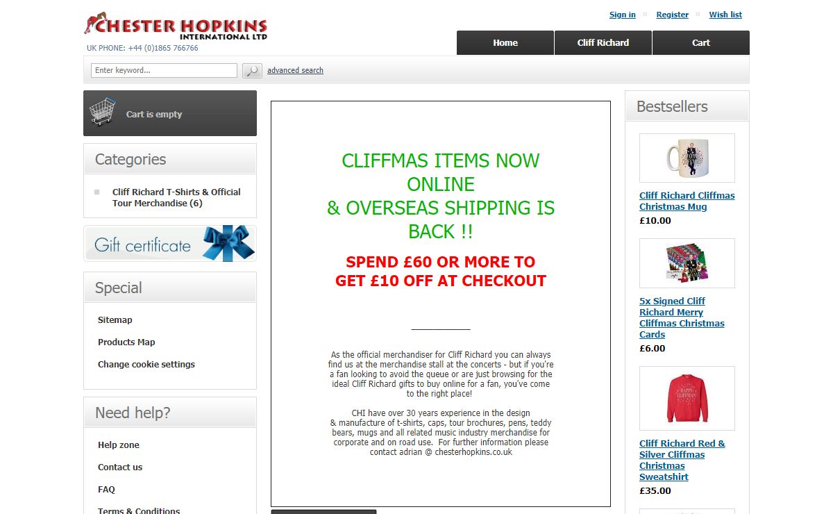 Official Cliff Richard T-Shirts, Gifts & Tour Merchandise
