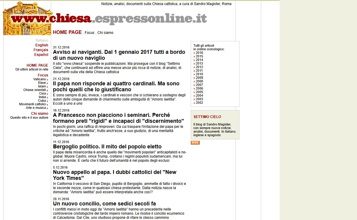 Notizie, analisi, documenti sulla Chiesa cattolica, a cura di Sandro Magister