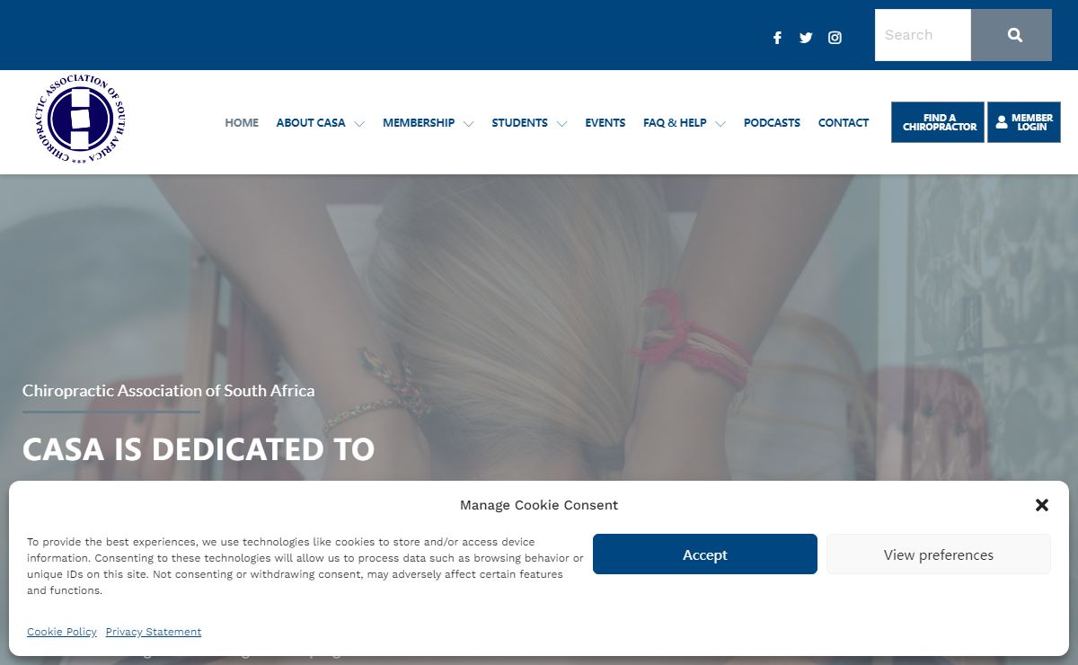 Chiropractic Association of South Africa (CASA) – Registered members of CASA have access to the latest industry news, event information and need-to-knows. Patients can find a qualified chiropractor in their area and more info about chiropractic.
