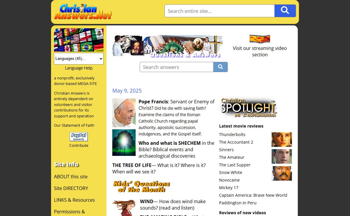 Christian Answers Network [Home] - Multilingual answers, reviews, ministry resources, and more! - ChristianAnswers.Net