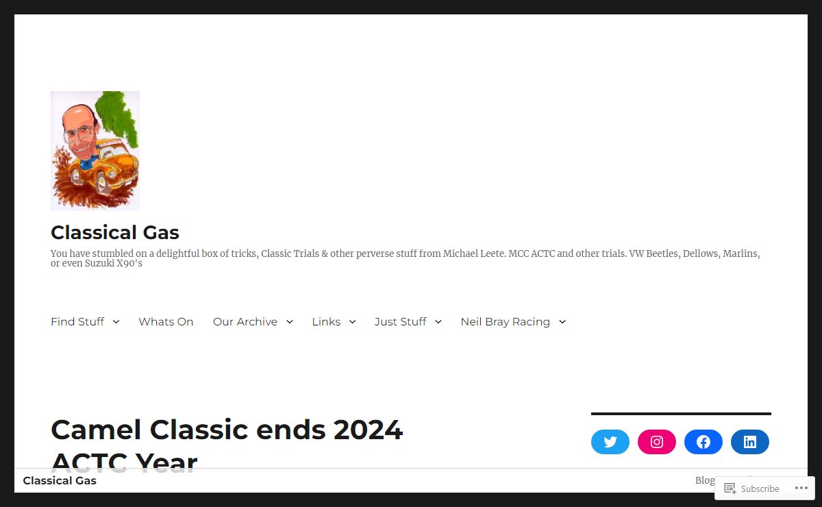 Classical Gas – You have stumbled on a delightful box of tricks, Classic Trials & other perverse stuff from Michael Leete. MCC ACTC and other trials. VW Beetles, Dellows, Marlins, or even Suzuki X90's