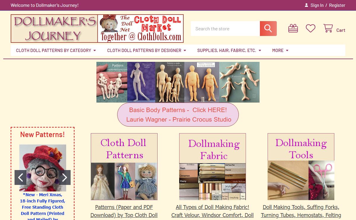 Dollmakers Journey, The place to start your doll making journey. Cloth Doll Patterns, Fabric, Tools, Hair, Supplies and Free Tips/Patterns