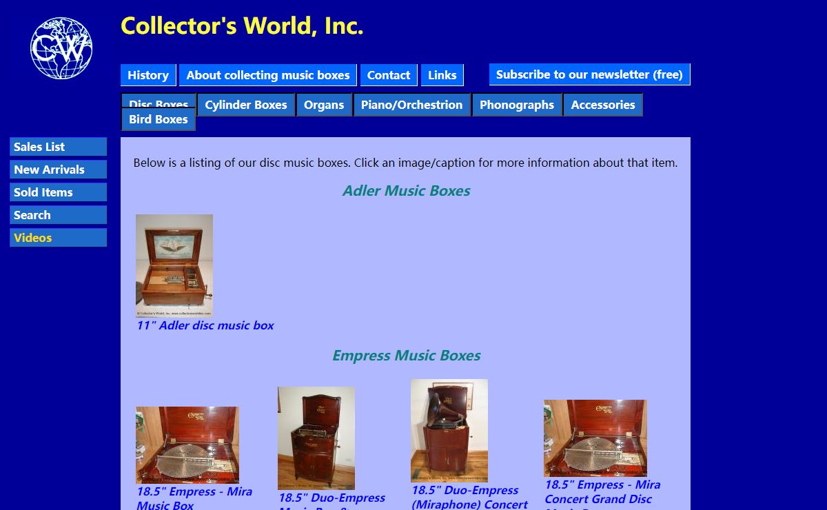 Collector's World, Inc.: Disc music box listing (Symphonion, Regina, Empress, Polyphon, Euphonion, Olympia, Adler, Kalliope, Stella, Reginaphone-Columbia, Lochmann, Mira, New Century, Reginaphone)
