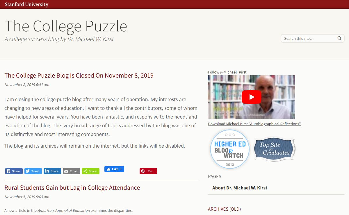 The College Puzzle | A college success blog by Dr. Michael W. Kirst