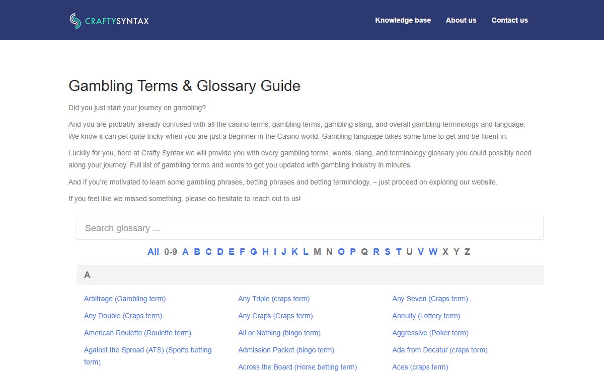Casino & Gambling Terms, Glossary- CraftySyntax