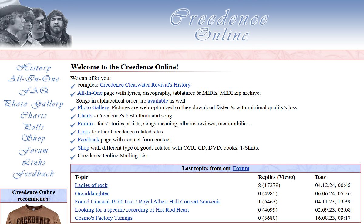 Creedence Online: Creedence Clearwater Revival Lyrics Tablatures Tab MP3 Discography Biography Forum Merchandise Chart Anthology Guitar DVD T-Shirts Clear Water Credence