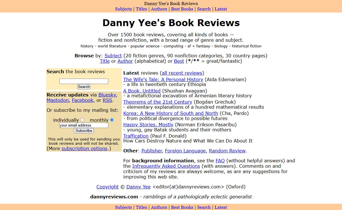 Book Reviews by Danny Yee (fiction + nonfiction)