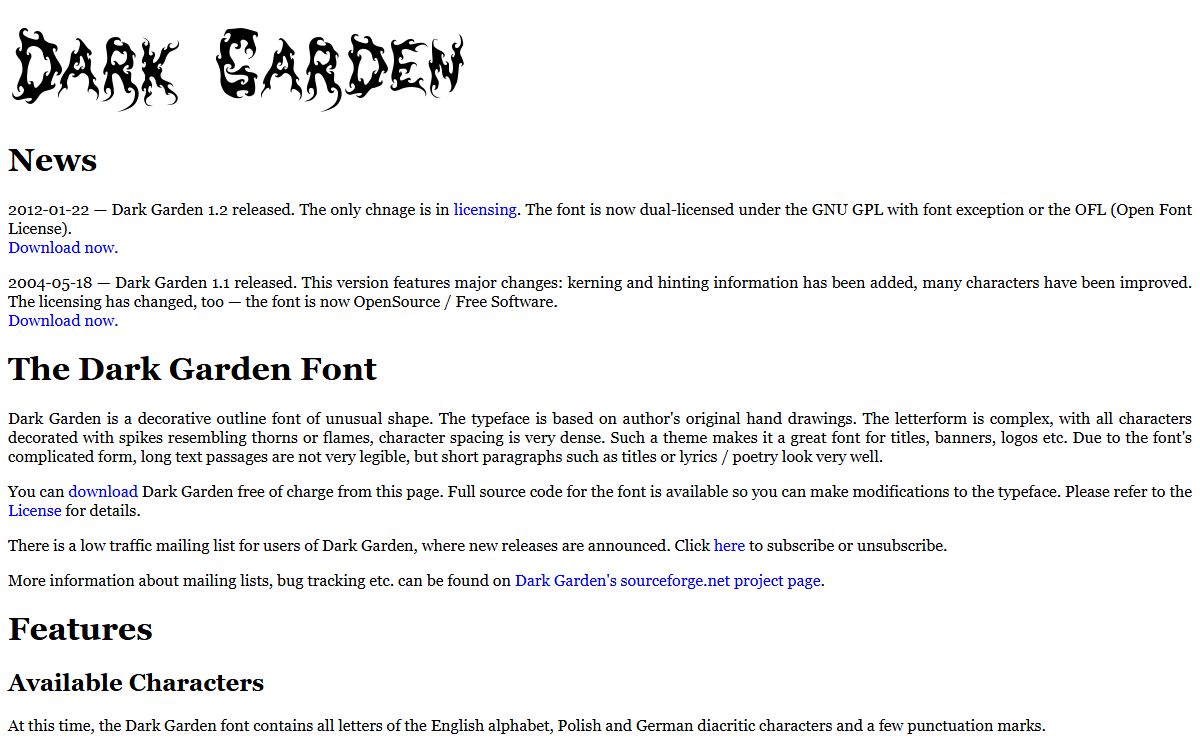 Dark Garden - a decorative free outline font (TrueType / TTF, OpenType, PostScript)