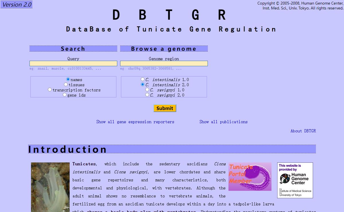 DBTGR - DataBase of Tunicate Gene Regulation