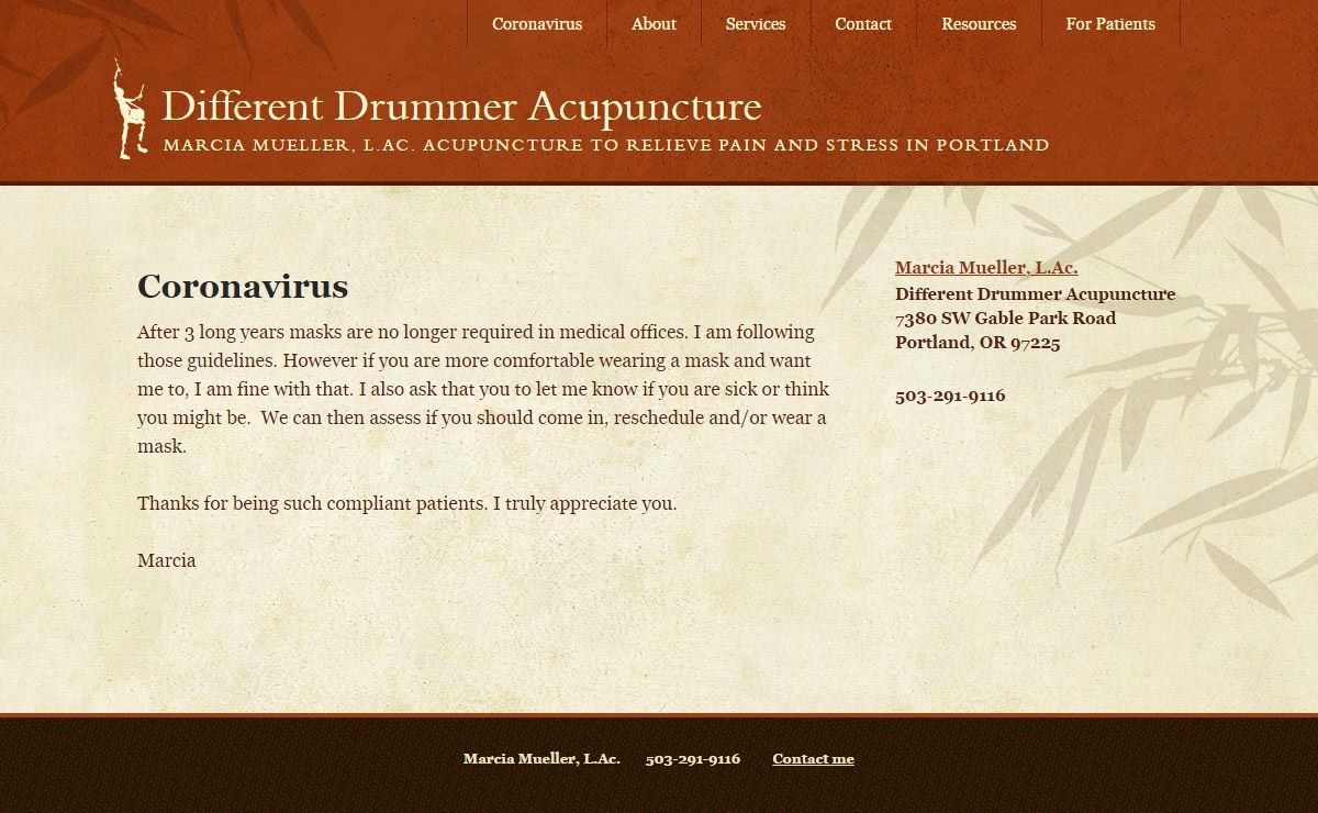 Coronavirus | Marcia Mueller, L.Ac. Different Drummer Acupuncture | Acupuncture for pain, sports injuries, fertility and stress | Portland, OR 97225