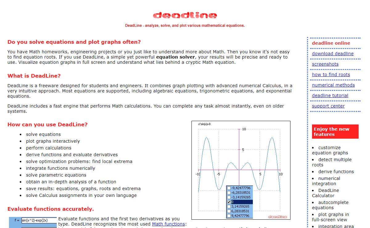 DeadLine OnLine. Solve equations, plot graphs free
