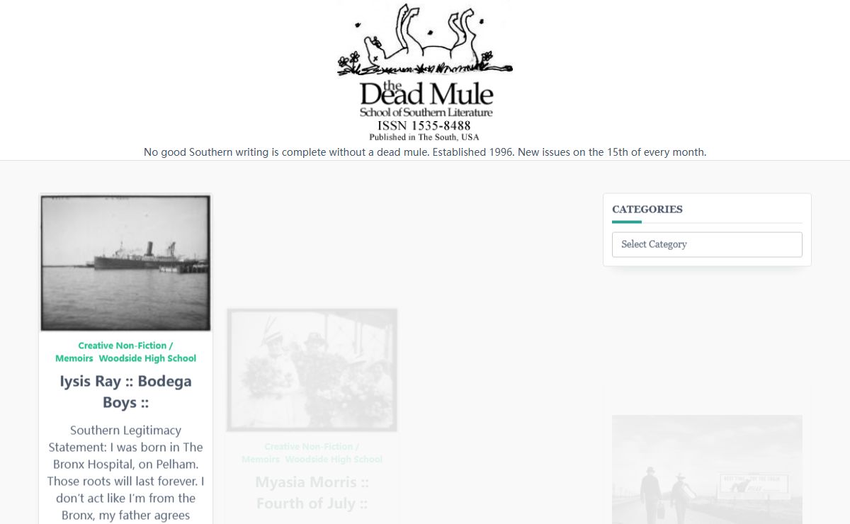 The Dead Mule School of Southern Literature – No good Southern writing is complete without a dead mule. Established 1996. New issues on the 15th of every month.