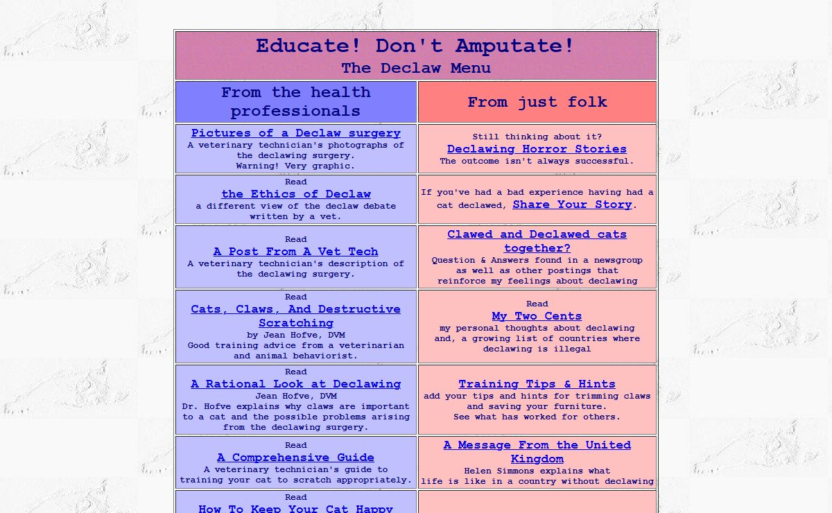 the Declawing Menu - Educate!! Don't Amputate!! (tm)