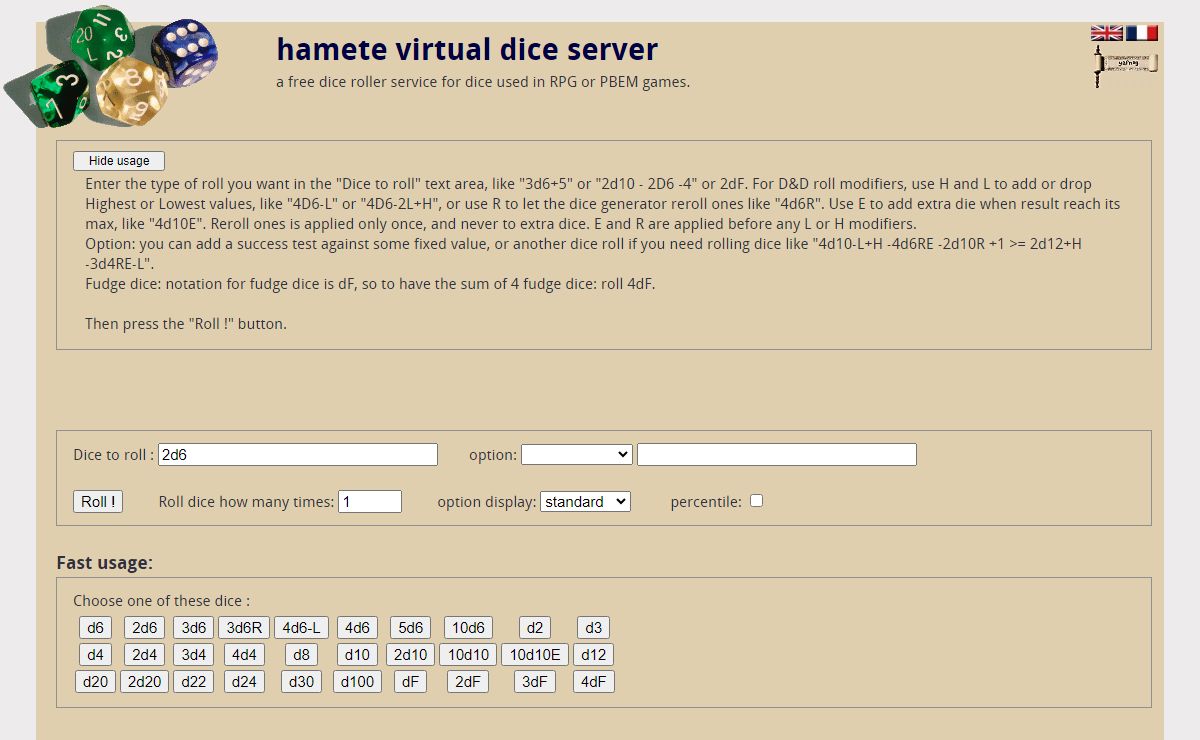 hamete virtual dice server - a die roller online