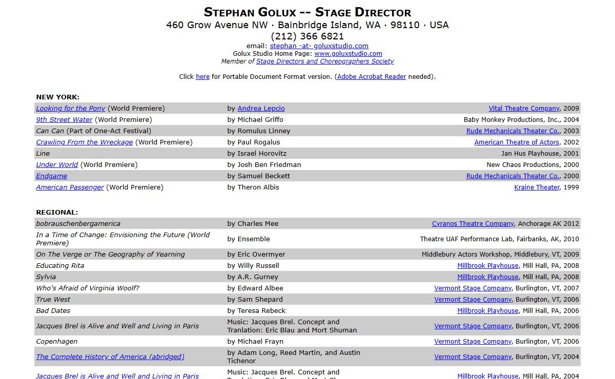 Stephan Golux - Stage Directing Resume