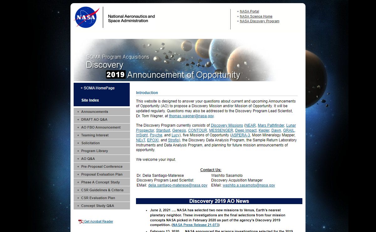 NASA SOMA: Discovery 2019 AO- Homepage
