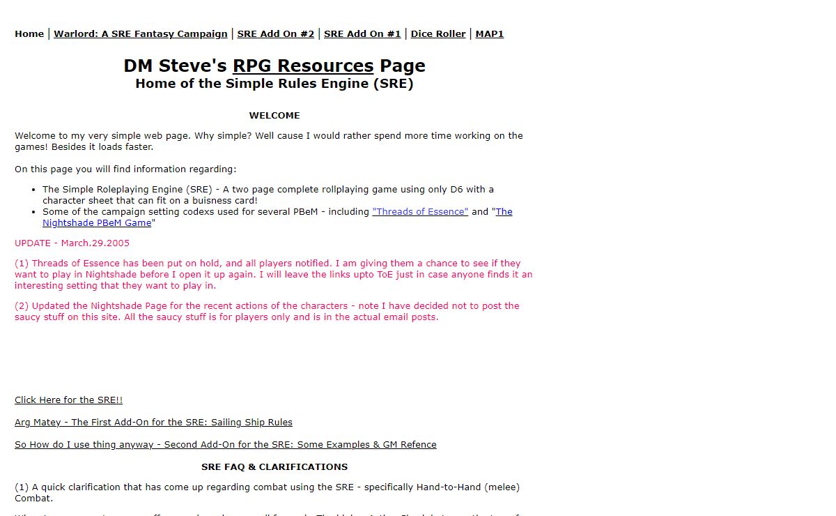 DM Steve's RPG Resource Page - Home of the Simple Rules Engine (SRE)