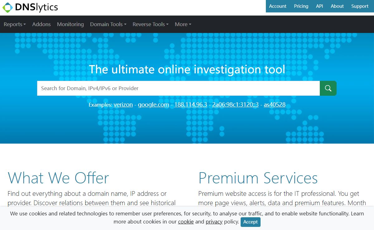 Online investigation tool - Reverse IP, NS, MX, WHOIS and Search Tools