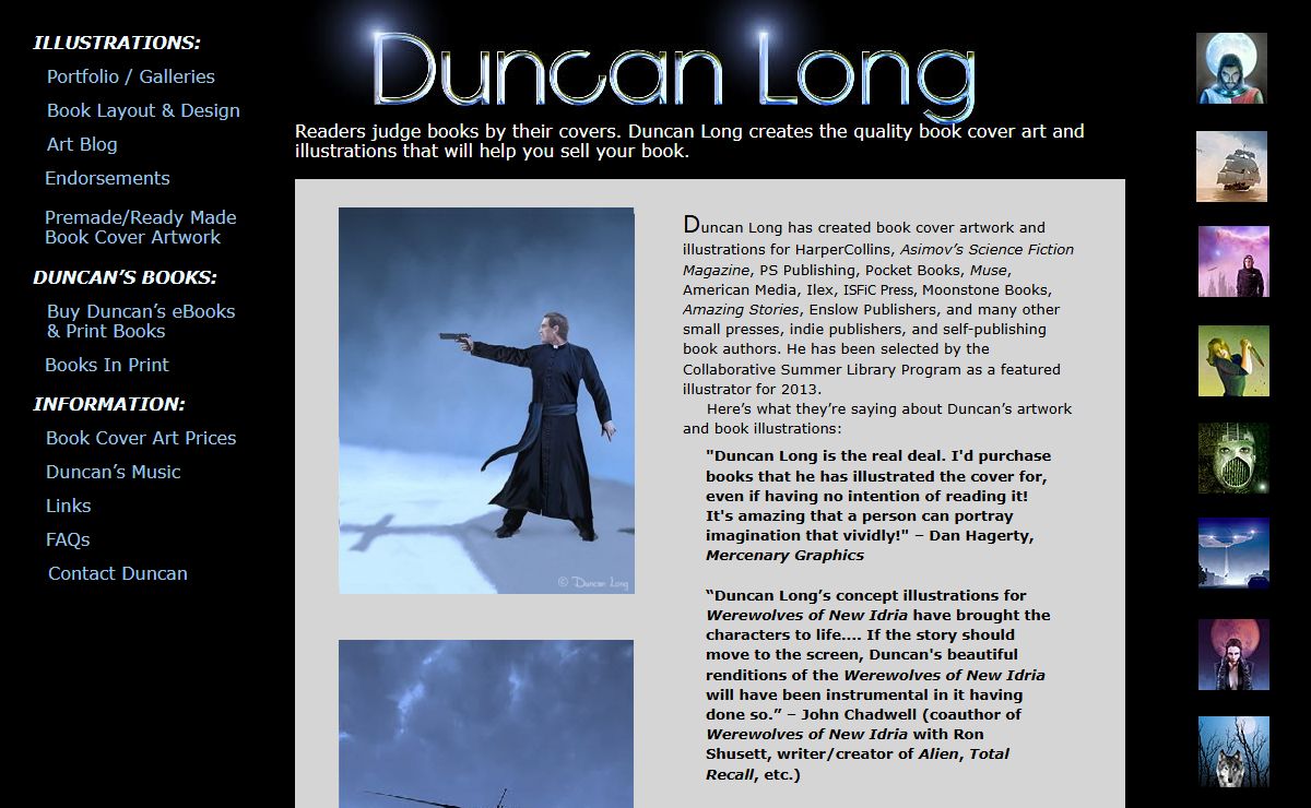 Writer/Illustrator DuncanLong.com home page: Book cover illustrations, art prints, posters, magazine artwork, and graphic design for fantasy, science fiction, and other genres of books, magazines as well as CD covers.