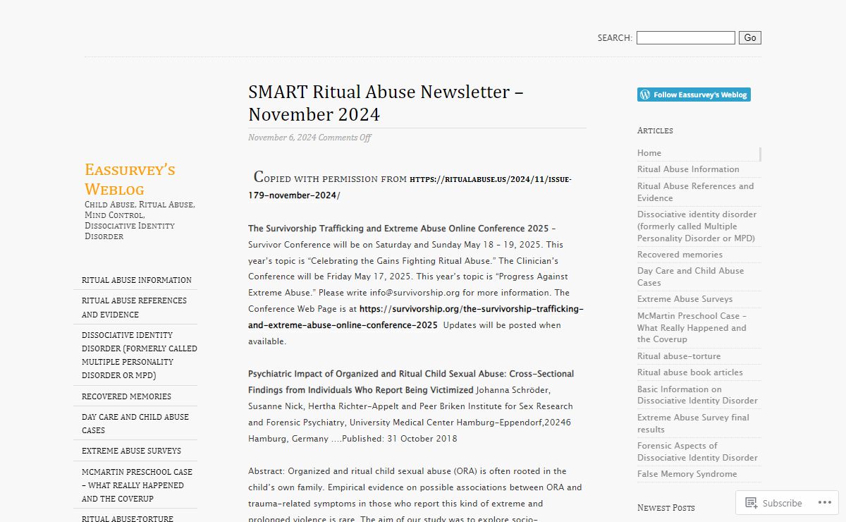 Eassurvey's Weblog | Child Abuse, Ritual Abuse, Mind Control, Dissociative Identity Disorder