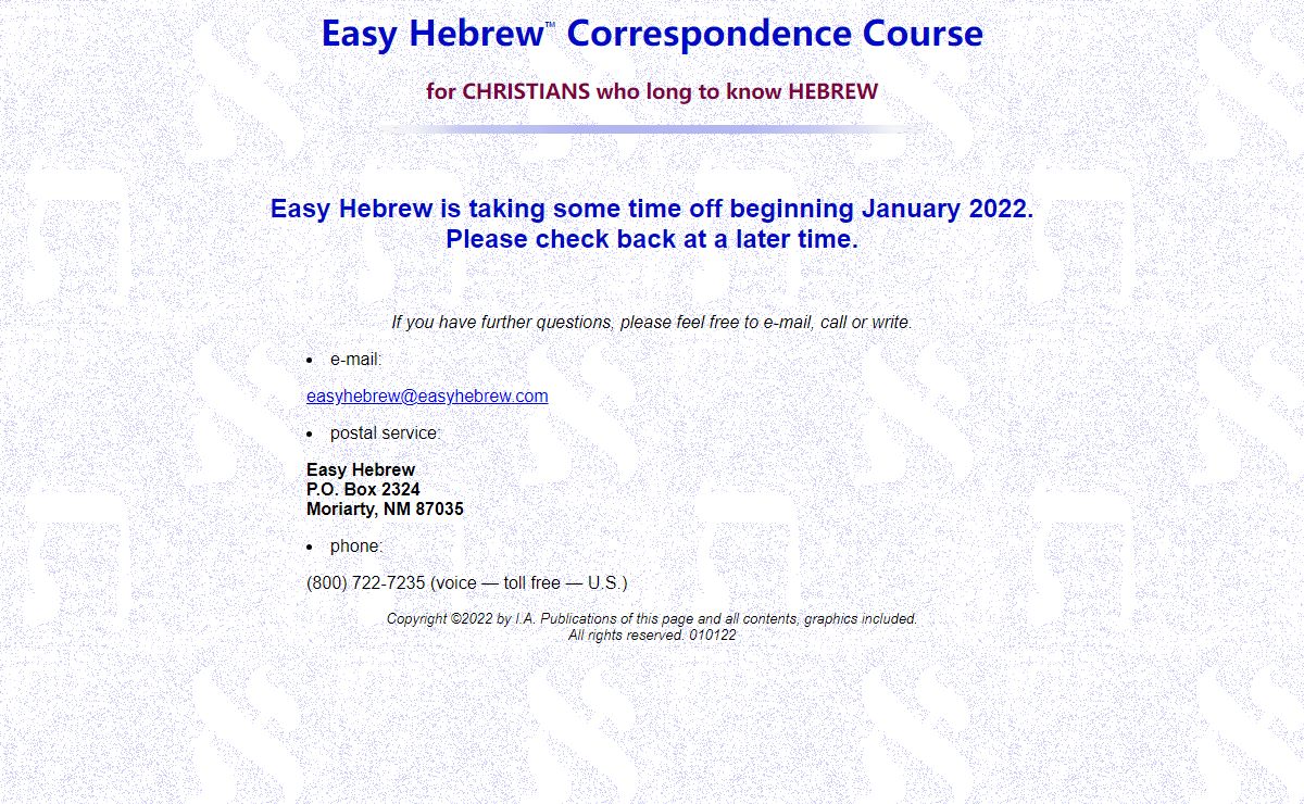 Easy Hebrew Correspondence Course for Christians who long to learn Hebrew
