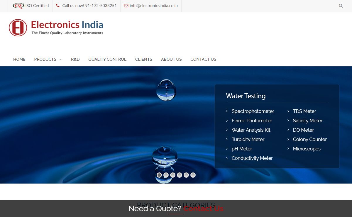 Electronics India - Manufacturer, Supplier and Exporter of Analytical, Scientific Laboratory and Pharmaceautical Instruments in India. | Wide range of Scientific, Analytical , Laboratory, Pharmaceautical instruments including Spectrophotometer, Single Beam Spectrophotometer, Double Beam Spectrophotometer, Visible Spectrophotometer, Dissolution Test Apparatus, Disintegration Test Apparatus, Moisture Tritrator, Melting Point Apparatus, Leak Test Apparatus, Flame Photometer, Nephelometer, Turbidity Meter, Fluorometer, Bulk Density, Tap Density, Potentiometer, Colorimeter, Colony Counter, pH Meter, Conductivity Meter, TDS Meter, Salinity Meter etc.